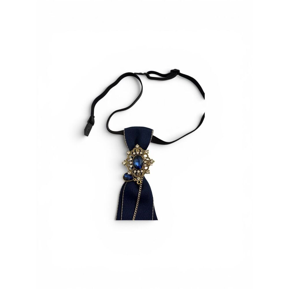 Vintage Victorian Inspired Navy Necktie | Detachable Brooch with Blue Jewel - Picture 2 of 4